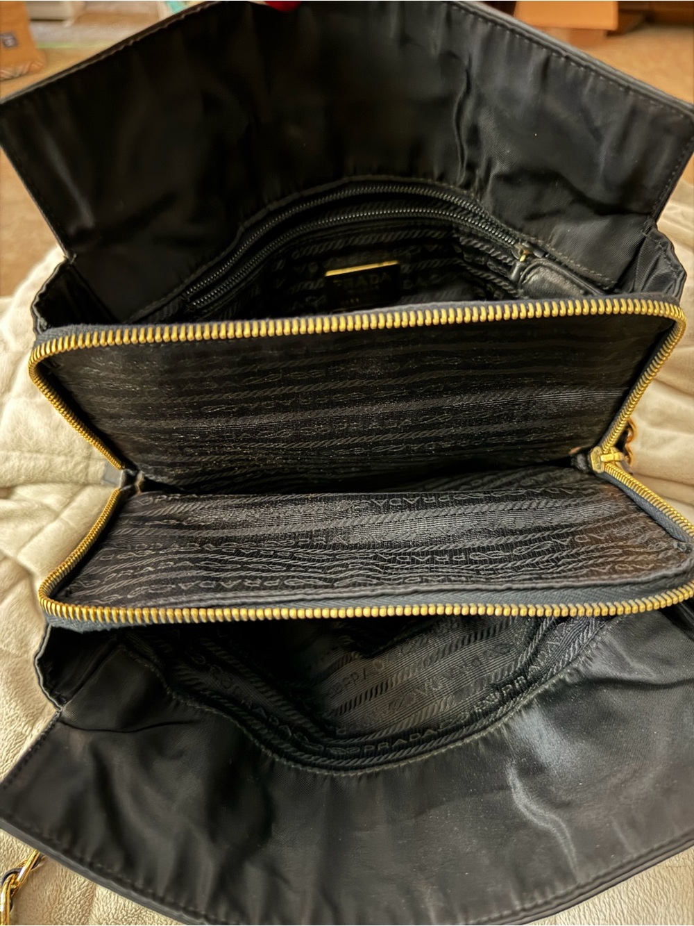 PRADA Black Leather Shoulder Bag w/Leather & Gold Chain Straps & 3 Large Pockets - Picture 7 of 13